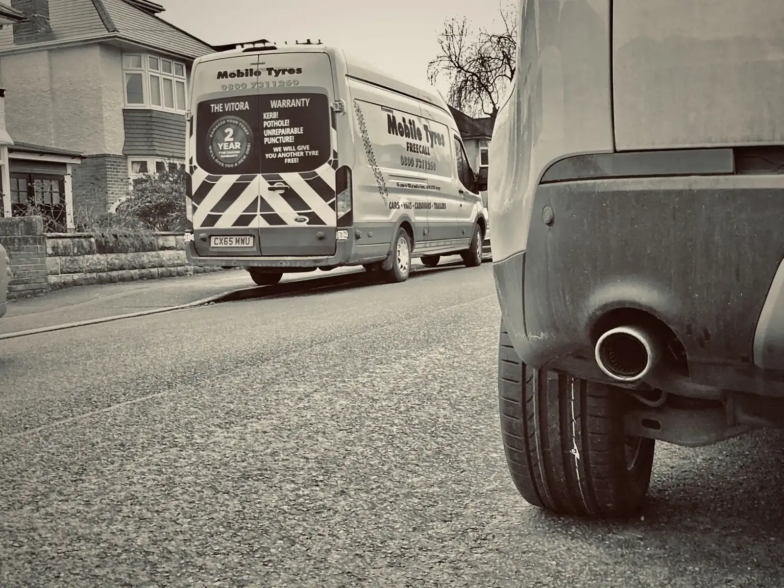 Freeway Mobile Tyres van parked outside a customer's home
